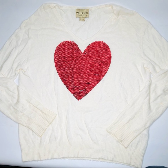 Wildfox White Label Angora Cream Sweatern Sequin Red Heart Valentine Love, Large - Picture 7 of 13